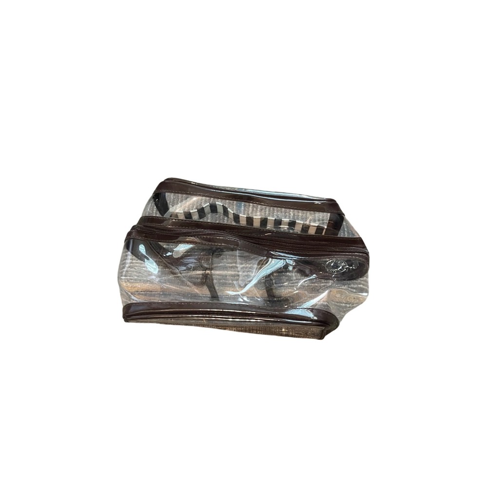 Henri Bendel Striped Clear Cosmetic Pouch Brown White Travel Makeup Bag I05